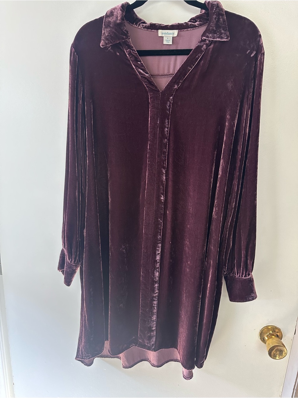Sundance Women’s Large Plum Velvet Tunic Collared V Neck Boho Long Sleeve